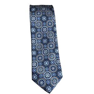 XMI Umbria Men's Hand Sewn Silk Necktie Blue, Gold & Black Medallion Tie - NEW